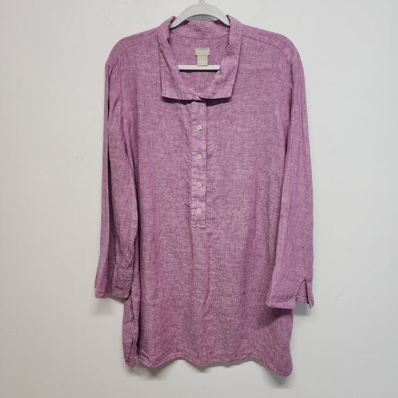 Chicos 4 Linen Tunic Top Size XXL Purple Long Sleeve Collared 1/2 Button Front - Picture 1 of 13